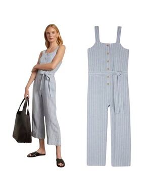 NEW Everlane Linen Jumpsuit Striped Blue Straight Button Romper 4 Waist Tie